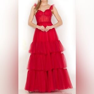 STUNNING Red Corset Ruffle Long Prom Gown Formal dress Sweetheart Neck Tulle 6